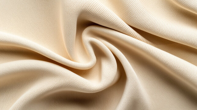 Close-up of a smooth, beige fabric with elegant folds and a soft texture. The material appears lightweight and slightly shiny, showcasing intricate weaving patterns and gentle curvature.