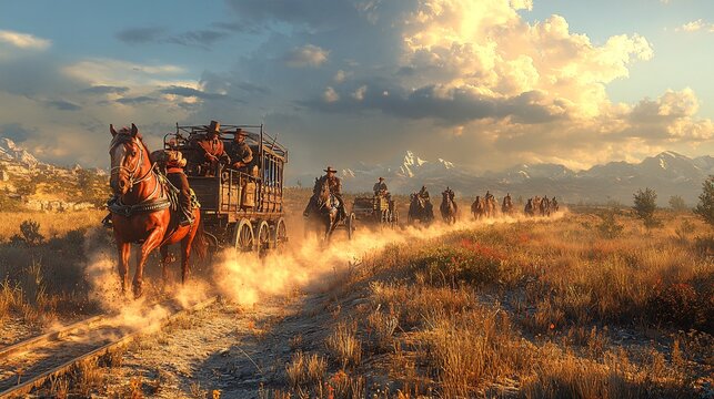 Open on a dusty trail in the Old West. A line of wagons train moves slowly kicking up clouds of dirt. In the lead wagon, two cowboys sit atop their horses, looking up ahead at a rugged,