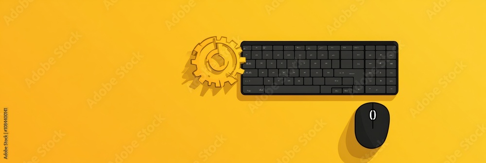 Poster a black keyboard is placed next to a mouse and a gear icon, all on a vibrant yellow background, illu