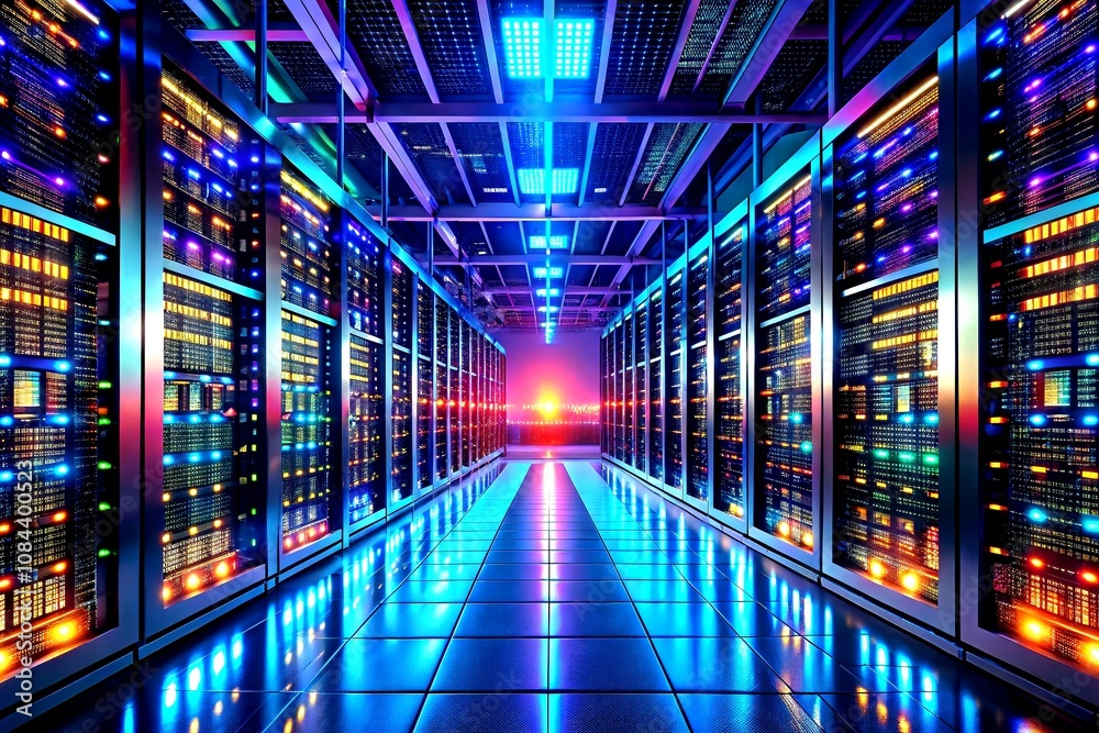 Poster architectural photography of a precision supervisor overseeing server clusters for advanced ai proce