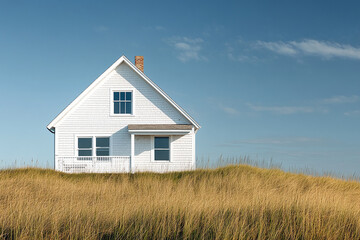 Obraz premium A weathered beach house with white wooden siding, golden sand dunes.