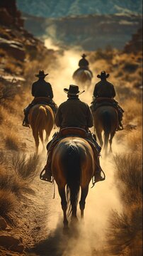 Open on a dusty trail in the Old West. A line of wagons train moves slowly kicking up clouds of dirt. In the lead wagon, two cowboys sit atop their horses, looking up ahead at a rugged,