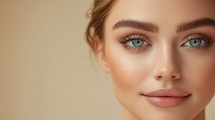 A young woman with striking features and clear skin engages in a discussion about cosmetic surgery options in a modern setting. Generative AI