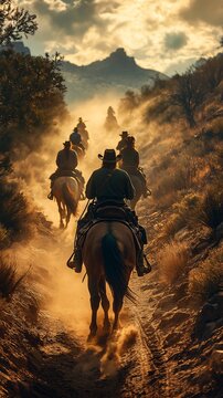 Open on a dusty trail in the Old West. A line of wagons train moves slowly kicking up clouds of dirt. In the lead wagon, two cowboys sit atop their horses, looking up ahead at a rugged,