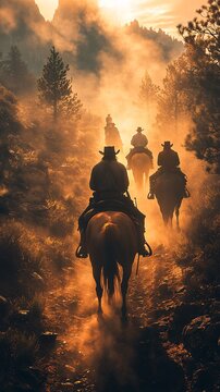 Open on a dusty trail in the Old West. A line of wagons train moves slowly kicking up clouds of dirt. In the lead wagon, two cowboys sit atop their horses, looking up ahead at a rugged,