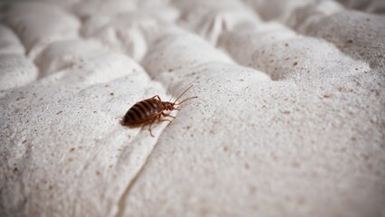 Close-up view of a bed bug crawling on a textured surface in a dimly lit room at night