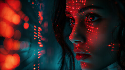 AI and Cybersecurity: Futuristic Portrait with Digital Code and Data Visualization, Female Cyber Analyst Analysing IT Security Threats Online, Generative AI