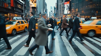 Fototapeta premium many business people crossing a busy city street, with motion blur to emphasize the hustle and bustle, captured from a wide angle to show the entire scene.