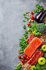 Fresh Groceries: An Assortment of Meat and Colorful Vegetables on a Grey Background