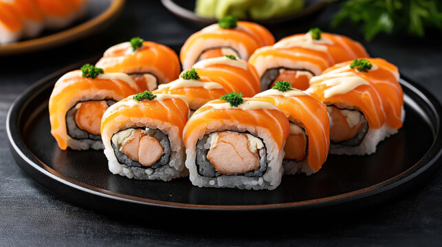 Close-up of sliced salmon sushi rolls with rice and mayonnaise on a black plate garnished with parsley and wasabi in the background