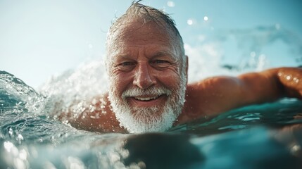 A joyful elderly man with a white beard swims in the sparkling blue ocean, displaying a broad smile and a sense of freedom and vitality under the bright sky.