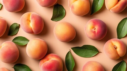 Arrangement of fresh whole peaches and green leaves on a soft peach-colored background