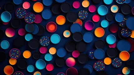 An eye-catching assortment of vibrant, colorful round disks in varying hues against a dark background, creating a lively contrast.