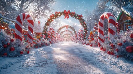 Enchanted Candy Cane Lane: A whimsical winter wonderland unfolds, a picturesque path lined with giant candy canes and festive wreaths.