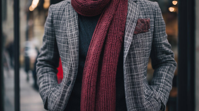 A stylish plaid blazer layered over a fine-knit sweater, paired with a wool scarf, creating a smart, casual winter outfit.