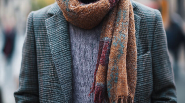 A stylish plaid blazer layered over a fine-knit sweater, paired with a wool scarf, creating a smart, casual winter outfit.