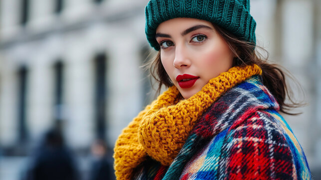 A stylish plaid coat in bold colors, paired with an oversized, chunky knit scarf and a cozy beanie, perfect for making a fashion statement in the cold.