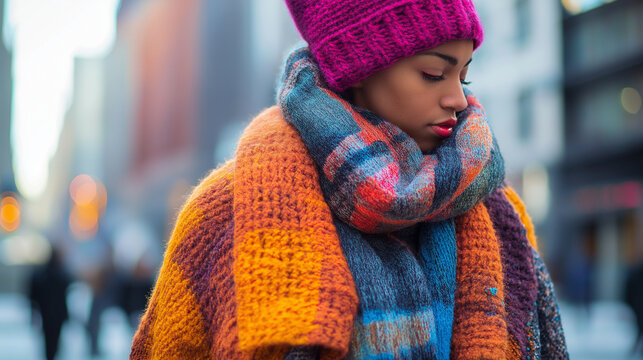 A stylish plaid coat in bold colors, paired with an oversized, chunky knit scarf and a cozy beanie, perfect for making a fashion statement in the cold.