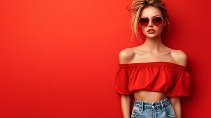 Fashionable woman in red top and jeans against red background.