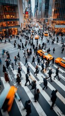 many business people crossing a busy city street, with motion blur to emphasize the hustle and bustle, captured from a wide angle to show the entire scene.