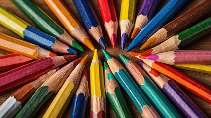 Fototapeta premium Multi-colored pencils arranged in a geometric pattern - creativity and education.