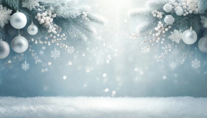 Christmas background with snowy fir branches, silver and white ornaments, falling snowflakes and a winter wonderland surface