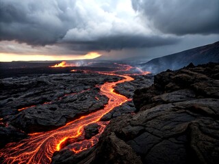 Fototapeta premium Breathtaking Volcanic Landscape Featuring Glowing Lava Rivers Beneath a Dramatic Cloudy Sky, Captured in Stunning Macro Photography for Nature Lovers and Adventure Seekers