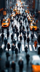Obraz premium many business people crossing a busy city street, with motion blur to emphasize the hustle and bustle, captured from a wide angle to show the entire scene.