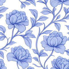 Fototapeta premium Elegant Blue Floral Pattern Featuring Intricate Flower Designs and Delicate Leaves on a Soft White Background for Artistic and Decorative Use
