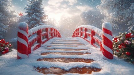 Winter Wonderland Bridge: A picturesque snow-covered bridge, adorned with candy cane railings, leads to a sunlit winter wonderland.  The scene evokes a sense of magic and serenity. 
