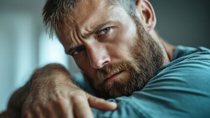 Fototapeta premium A close-up portrait of a contemplative bearded man wearing a blue shirt, captured with intense focus on facial expression, conveying a deep mood or introspection.