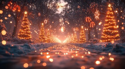 Enchanted Winter Lane: A magical Christmas scene unfolds along a snow-covered path, where twinkling lights adorn festive trees, creating a whimsical winter wonderland. 