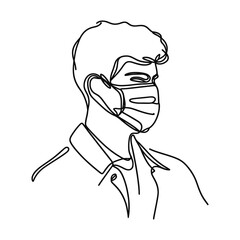 Vector linear image on white background, one line. young man in protective mask, mask mode