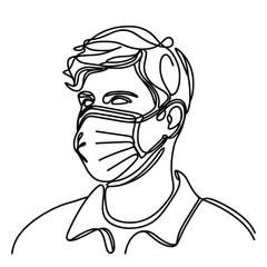 Vector linear image on white background, one line. young man in protective mask, mask mode
