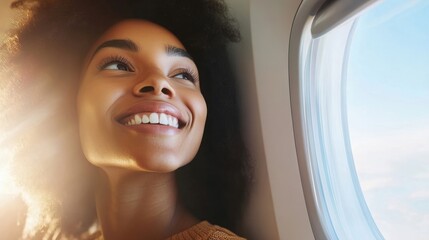 Portrait of a joyful woman airplane passenger looking out the airplane window Banner