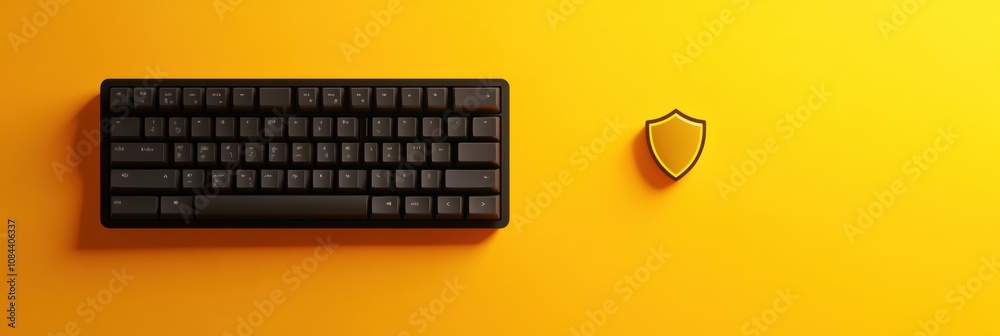 Leinwandbilder a black keyboard sits next to a shield icon on a bright yellow surface, symbolizing the importance o