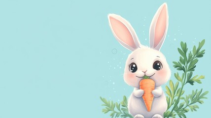 Cute white bunny eating carrot, surrounded by greenery on blue background