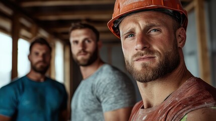 A group of construction workers in an unfinished building, embodying teamwork and focus, captured with an emphasis on industrial progress and labor force.