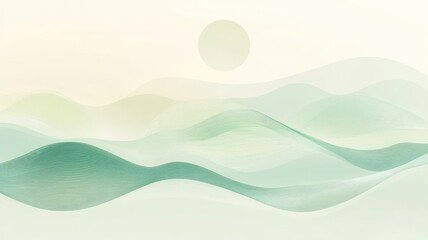 Obraz premium Abstract landscape with flowing green waves and sun, minimalistic style