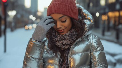 A trendy metallic puffer vest layered over a cozy hoodie, paired with a patterned scarf and sleek gloves, creating a modern, sporty winter look.