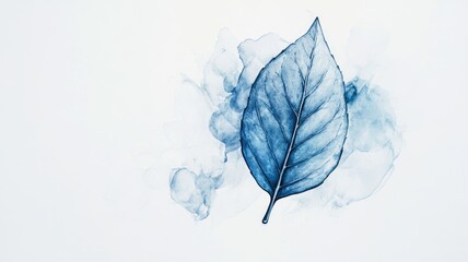 Detailed blue leaf illustration with watercolor effects on white background