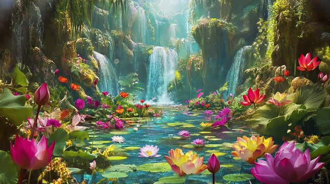 Majestic waterfall surrounded by vibrant blooming flowers in a lush paradise  
Seamless looping 4k time-lapse virtual video animation Generated AI