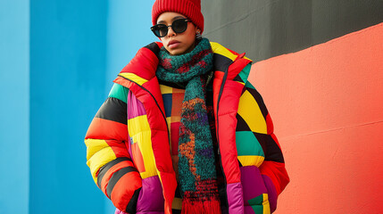 A trendy oversized puffer jacket with bold, graphic patterns in bright colors, paired with a chunky knit scarf and a matching beanie.