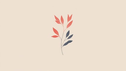 Fototapeta premium Simple illustration of branch with red and blue leaves on beige background