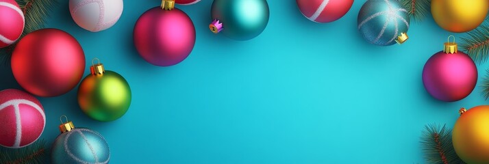 A festive minimalist wallpaper featuring colorful 3D Christmas ornaments on a teal background. Symbolizes joy, celebration, winter, tradition, and holiday spirit.