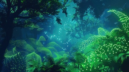 Fototapeta premium A digital illustration of a lush green forest at night with glowing white dots that resemble fireflies.