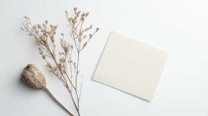Minimalistic composition with blank card and dried flowers on white background