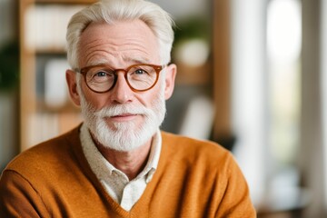 Thoughtful senior man with glasses in cozy sweater, smiling warmly in bright, modern interior, embodying wisdom, comfort, and approachability in lifestyle setting