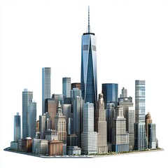 Fototapeta premium Modern skyline with skyscrapers and urban features on white background.