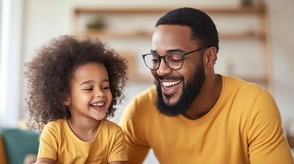Fototapeta premium Joyful Father and Daughter Bonding Moment at Home, Sharing Laughter and Happiness in Bright Yellow Outfits, Capturing the Essence of Family Love and Togetherness
